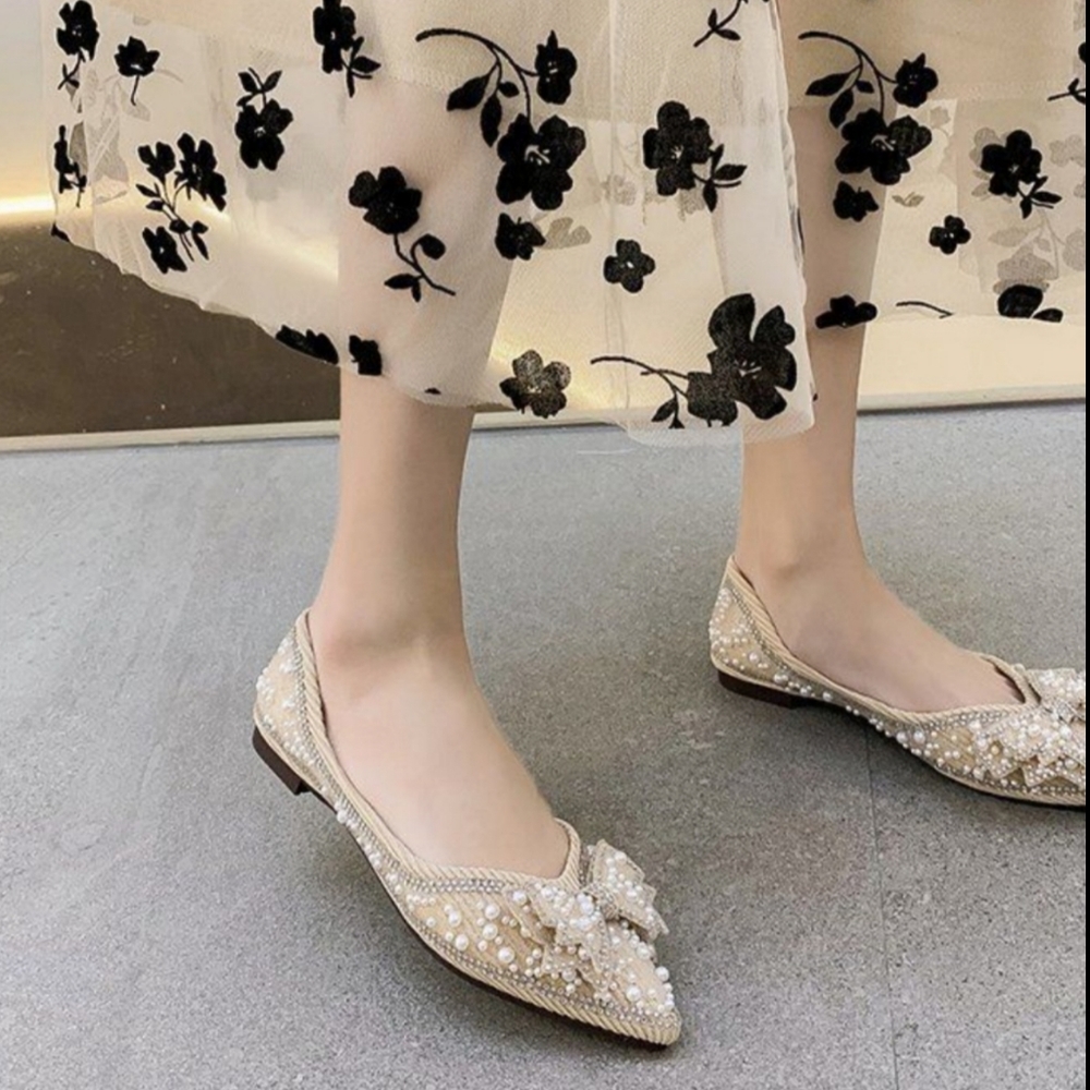 Pearl shoes bridal ballet flats wedding mule pumps pointed embellished bling S 7 - Picture 5 of 10
